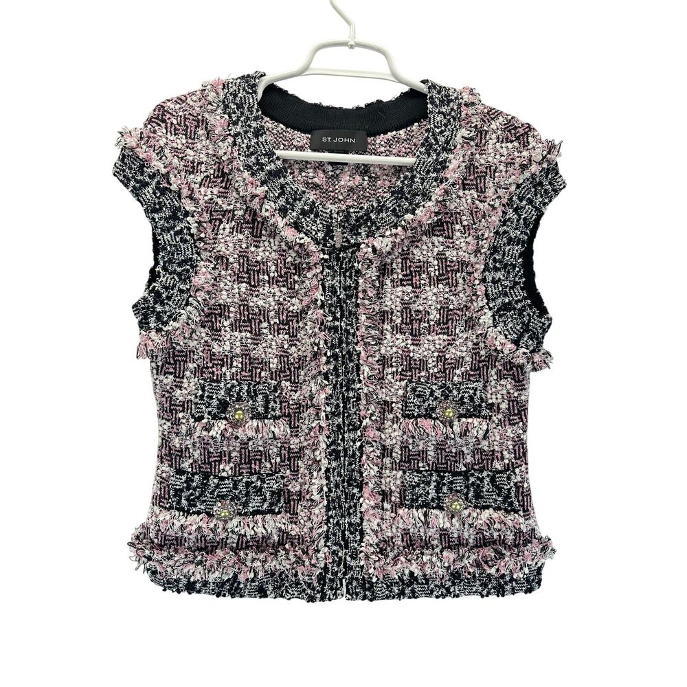 St. John Pink Black Multi Tweed Frayed Trim Fringe Button Knit Vest Jeweled 8